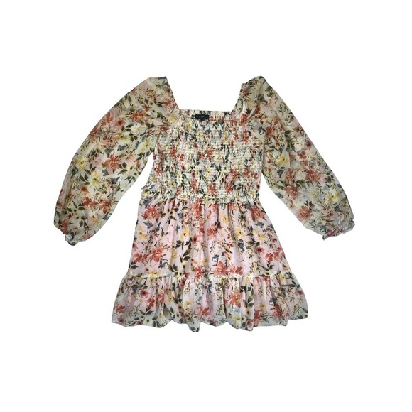 111 State Dresses & Skirts - 1 STATE Floral Smocked Square Neck Tiered Ruffle Mini Dress Women's Size L